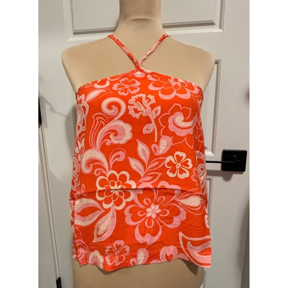 Olivaceous Halter Top Women Large Orange Pink White Floral Layered Side Zip